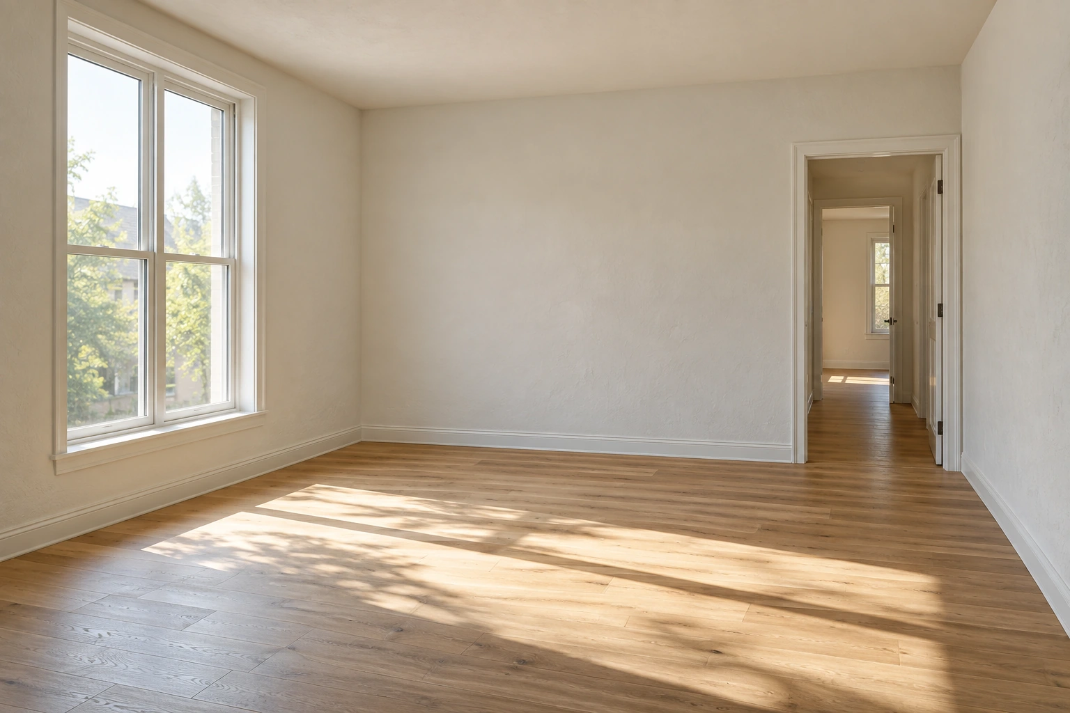 Codex-generated empty living room with off-white walls, light oak flooring, a two-section window on the left wall, and an open doorway on the right side of the back wall.