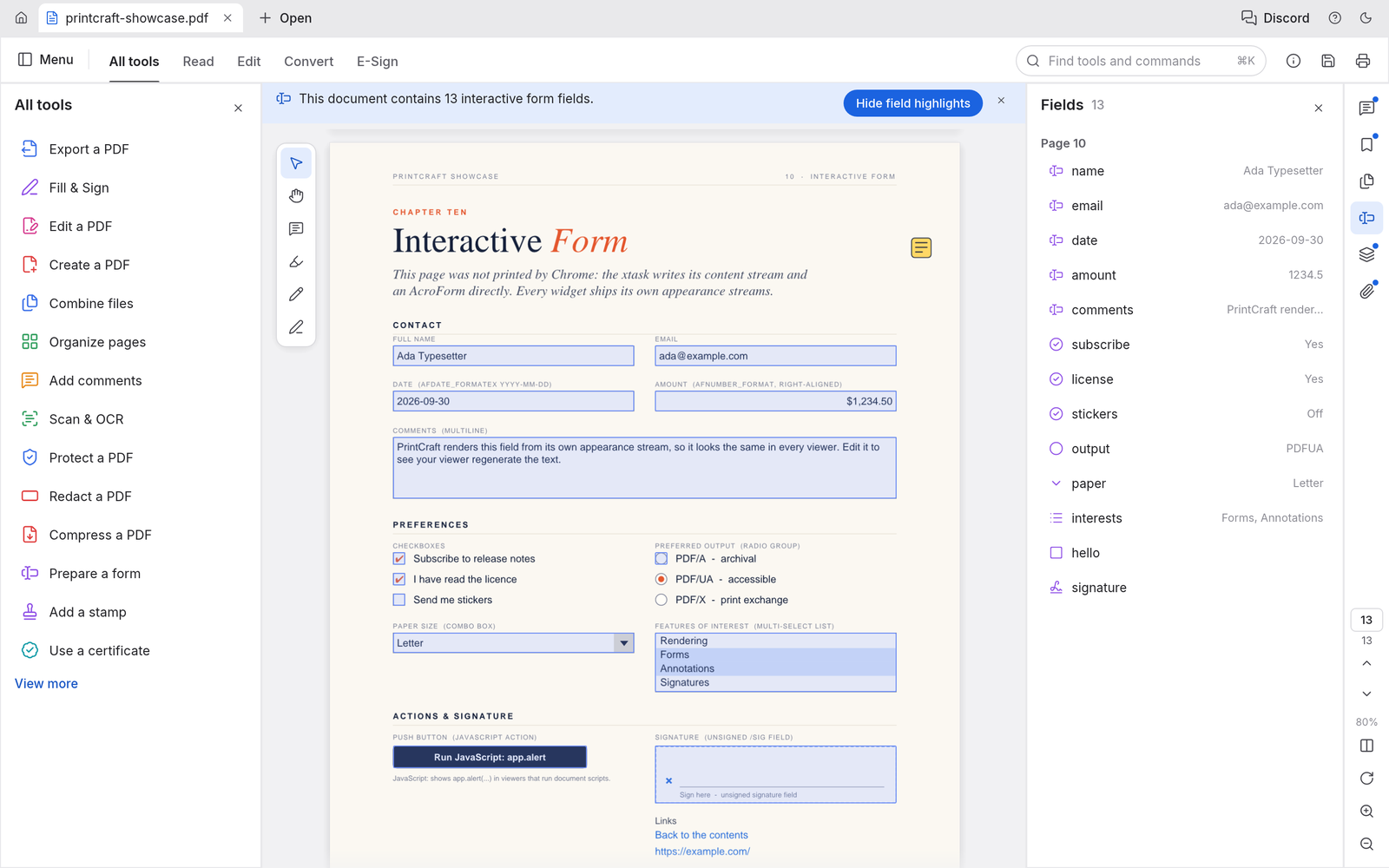 PdfCraft search, comments, and forms interface